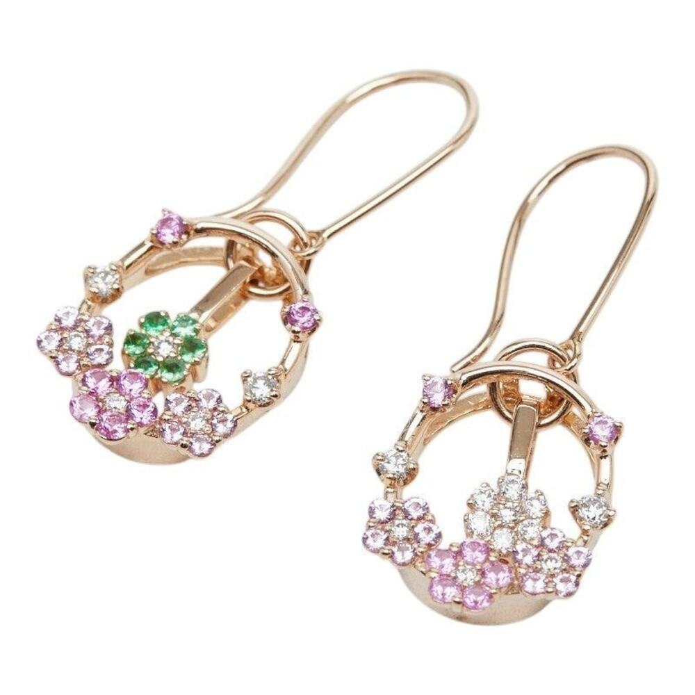 Unbranded Flower Motif 18K Pink Gold Pink Sapphire Green Garnet Diamond Earrings